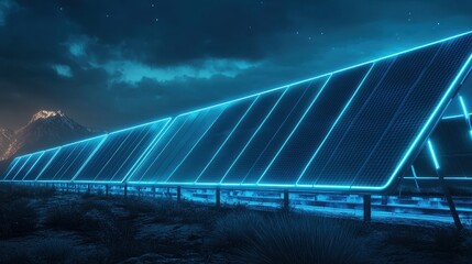 Nighttime solar panels glowing with bioluminescent edges, futuristic renewable energy tech concept in a surreal landscape.