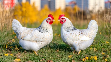 Fototapeta premium Two white chickens with speckled feathers standing in a sunny field with urban buildings behind