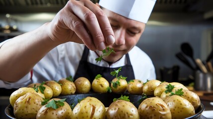 A skilled chef artfully garnishes a platter of perfectly cooked potatoes, showcasing culinary expertise and attention to detail in a professional kitchen environment.