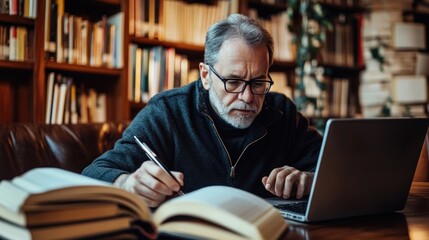 An author writing in a cozy cafÃ©, surrounded by books and a laptop, capturing the creative process, candid lifestyle photography with warm tones 