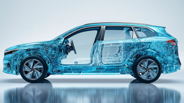 A dynamic 3D digital model of a modern hydrogen car with semi-transparent elements showcasing its internal design against a minimalistic bright white background with an empty caption space on the side