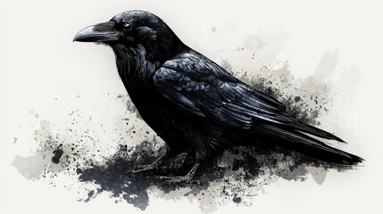 A Majestic Raven in Artistic Black and White Splatter
