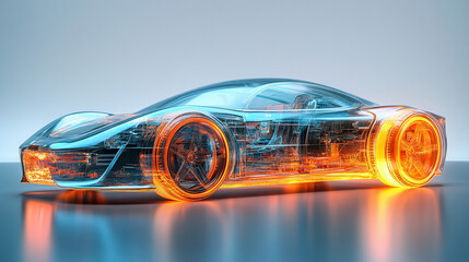 A dynamic 3D digital model of a modern hydrogen car with semi-transparent elements showcasing its internal design against a minimalistic bright white background with an empty caption space on the side