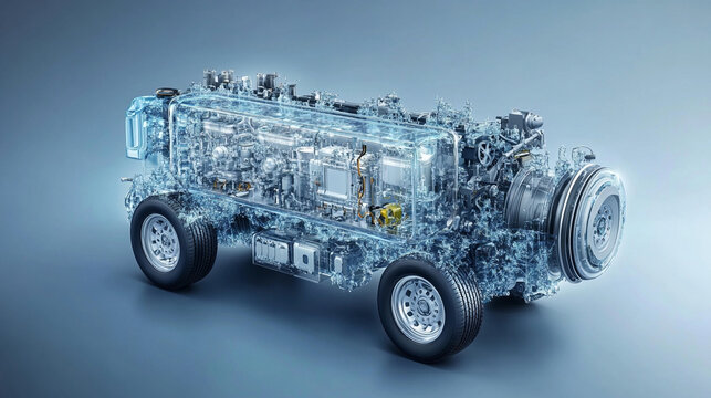 A dynamic 3D digital model of a modern hydrogen car with semi-transparent elements showcasing its internal design against a minimalistic bright white background with an empty caption space on the side