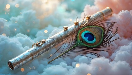Ornate Silver Flute with Peacock Feather on Clouds