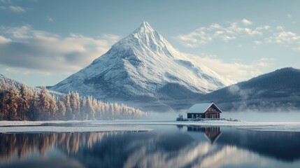 Serene Winter Wonderland: Cabin by a Frozen Lake with Majestic Mountain Reflection