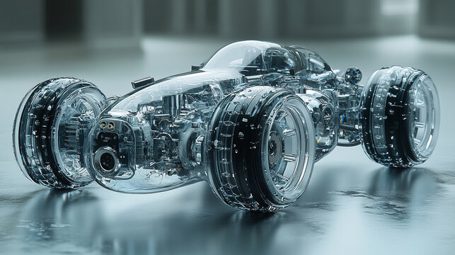 A dynamic 3D digital model of a modern hydrogen car with semi-transparent elements showcasing its internal design against a minimalistic bright white background with an empty caption space on the side