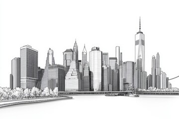 Detailed Line Art of a Modern City Skyline Featuring Iconic Buildings and a River Reflection, Capturing the Essence of Urban Architecture and Design Trends in a Minimalist Style