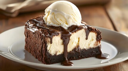 A decadent slice of chocolate brownie with a gooey center, topped with a scoop of vanilla ice cream and a drizzle of chocolate sauce, Generative AI