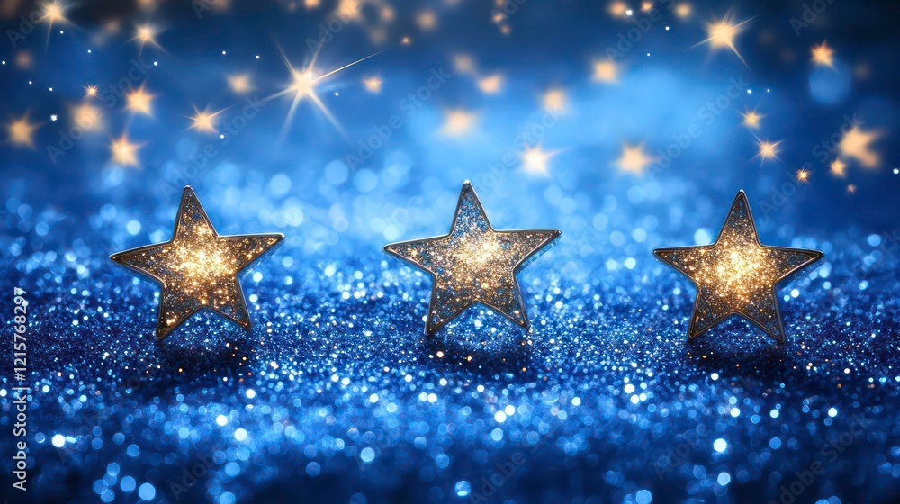 Poster three glittering gold stars on a blue sparkling background with bokeh lights.