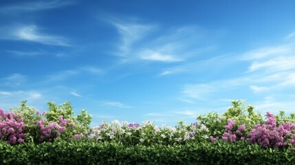 Obraz premium Blooming lilac hedge under a bright spring sky, perfect for springtime greetings or website banners