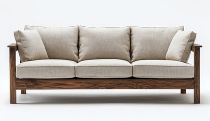 Modern walnut wood frame sofa with three light beige linen cushions.