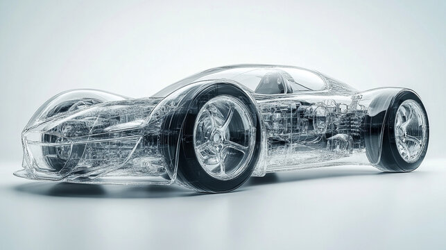 A dynamic 3D digital model of a modern hydrogen car with semi-transparent elements showcasing its internal design against a minimalistic bright white background with an empty caption space on the side