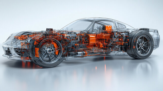 A dynamic 3D digital model of a modern hydrogen car with semi-transparent elements showcasing its internal design against a minimalistic bright white background with an empty caption space on the side