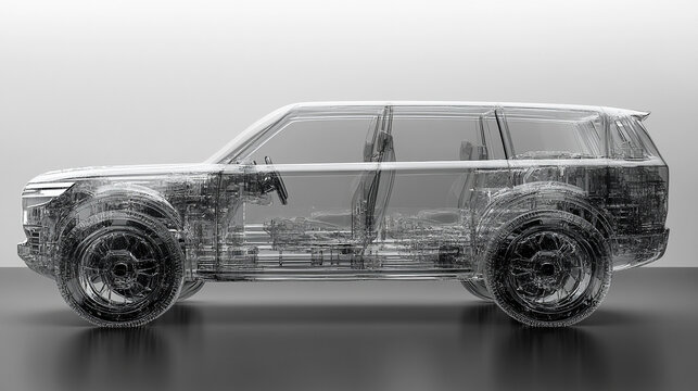 A dynamic 3D digital model of a modern hydrogen car with semi-transparent elements showcasing its internal design against a minimalistic bright white background with an empty caption space on the side