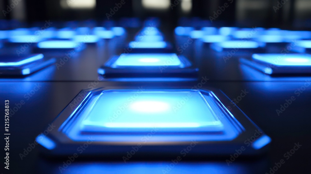 Poster Glowing blue squares in a grid pattern on a dark surface.