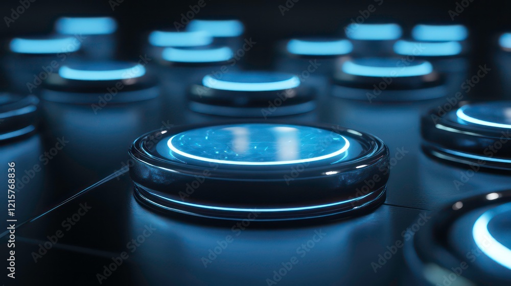 Poster glowing blue circular buttons on a dark surface.