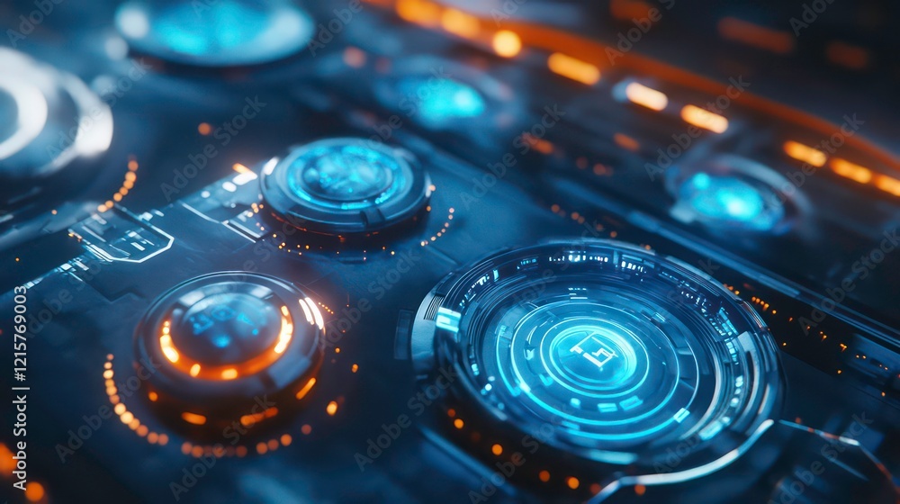 Poster Close-up of a futuristic technological interface with glowing buttons and digital displays.