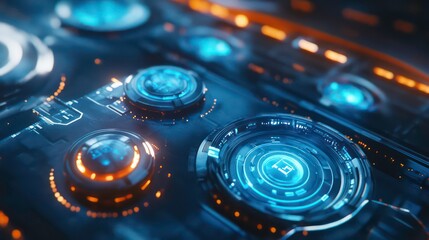 Close-up of a futuristic technological interface with glowing buttons and digital displays.