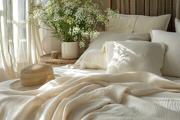 sustainable bedroom design, sustainable bedroom design with organic linens, jute rugs, and air-purifying houseplants for a tranquil ambiance