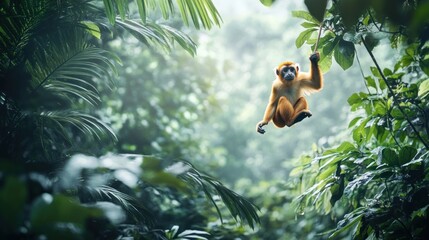 Obraz premium A Golden-Headed Langur Swings Through the Lush Rainforest Canopy