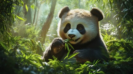 Obraz premium A serene scene of a panda peacefully enjoying bamboo in a lush green forest setting