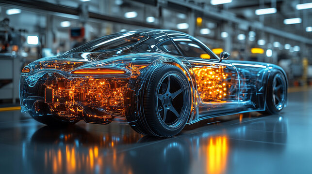 A dynamic 3D digital model of a modern hydrogen car with semi-transparent elements showcasing its internal design against a minimalistic bright white background with an empty caption space on the side