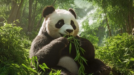 Obraz premium A giant panda peacefully consumes bamboo shoots surrounded by a lush forest environment