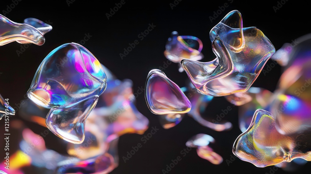 Poster Abstract iridescent bubbles floating in dark space.