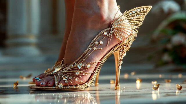 Golden high heels with rhinestones