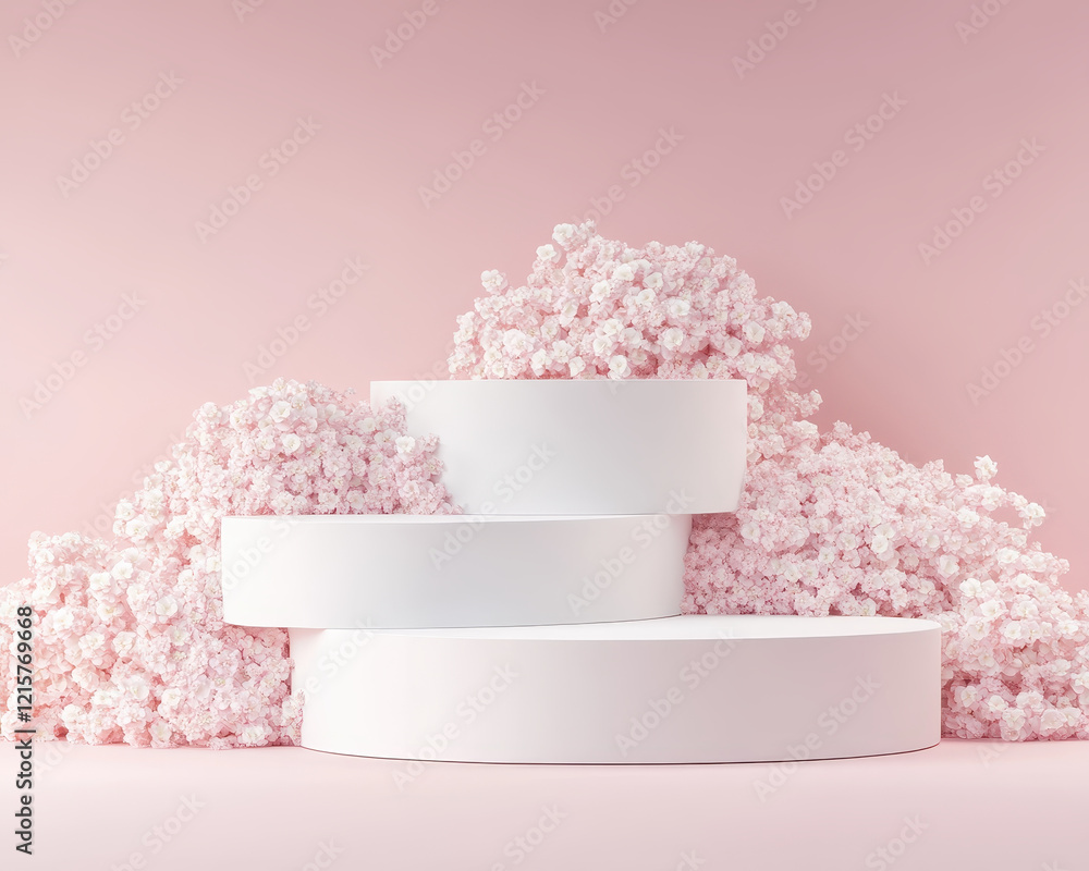Poster serene display of white circular platforms surrounded by delicate pink flowers, creating soft and in