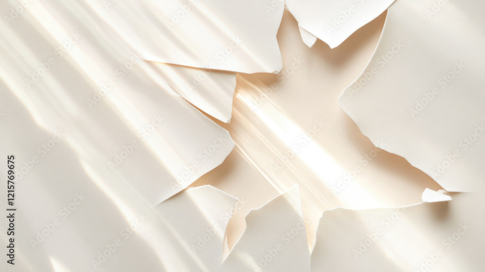 Poster dramatic low angle shot of light beams breaking through torn paper, creating ethereal atmosphere. in