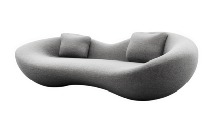 modern. sculptural sofa with a unique. organic shape. designed for comfort and style the soft gray fabric and curved lines create a contemporary aesthetic. making it suitable for various interior spac