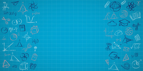 STEM education doodle frame on a technical blueprint background. A hand-drawn border of science and math icons with copy space. Vector template for an engineering or school project presentation.