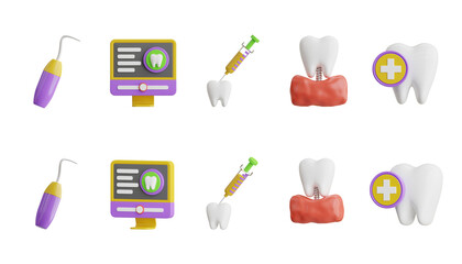 Dental Drill, Dental X-ray, Syringe with Tooth, and Healthy Tooth. 3D Icon High Quality Render