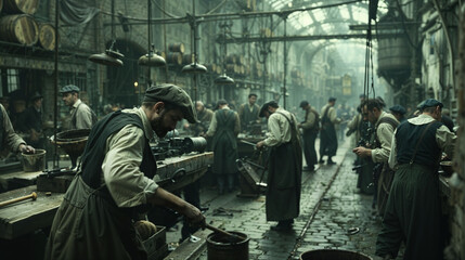Dimly lit industrial workspace with workers operating machinery in early 20th century factory, featuring pendant lamps and cobblestone floor amidst atmospheric steam