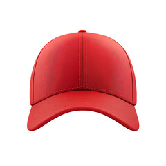 A red baseball cap viewed from the front, showcasing its simple design and structure.
