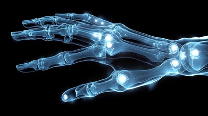 X-ray image of a human hand, showing bones, joints, and ligaments.