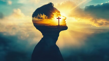 Inner Peace: Silhouette of a person with a sunset and cross inside their head.