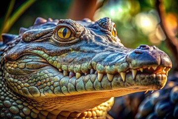 Fototapeta premium Stunning Crocodile Portrait Photography: Wild Reptile Close-Up, Nature Wildlife Image, Reptilian Eyes, Dangerous Beauty, Crocodile Face