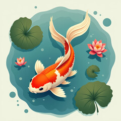 Fototapeta premium Koi Fish Pond, Lotus Flowers, Asian Art - Zen/Mindfulness