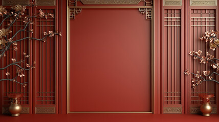 Red Chinese New Year background with gold floral decorations