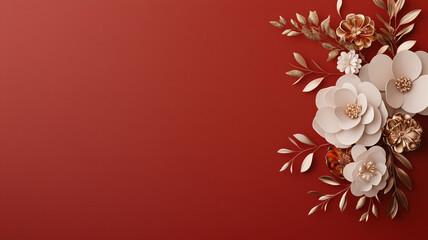 Obraz premium Elegant floral arrangement on red background with gold accents