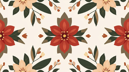 Fototapeta premium Festive floral pattern with red and orange flowers and green leaves