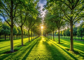 Obraz premium Stunning Rows of Trees Garden Photography - Rule of Thirds Composition, Lush Greenery, Landscape Images