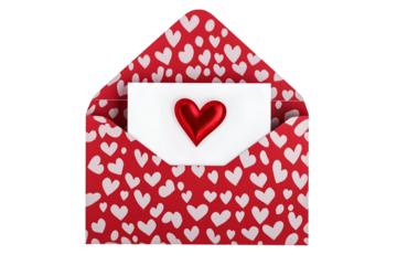A half open red envelope with a greeting card with love symbol inside, cut out. Isolated on transparent or white background