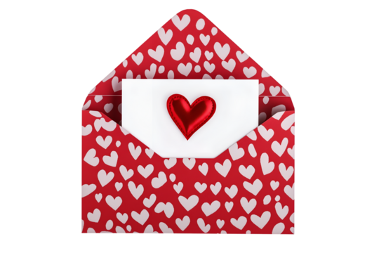 A half open red envelope with a greeting card with love symbol inside, cut out. Isolated on transparent or white background