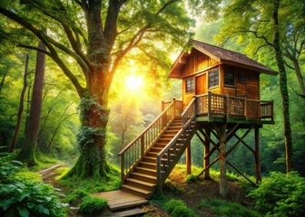Stunning Wooden Treehouse in Forest - Peaceful Tourist Destination Escape