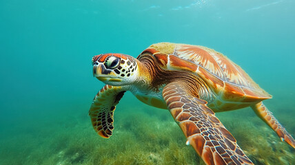 Obraz premium majestic sea turtle swimming near ocean floor