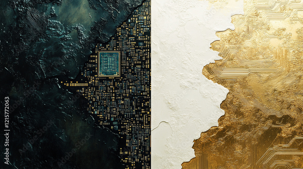 Poster a high-tech, futuristic abstract background featuring gold, white, and silver tones with a glowing d
